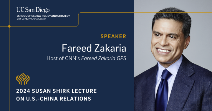 Speaker Fareed Zakaria, host of CNN's Fareed Zakaria GPS at the 2024 Susan Shirk Lecture on U.S.-China Relations.