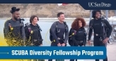 A group of people dressed in scuba gear stand on a pier.