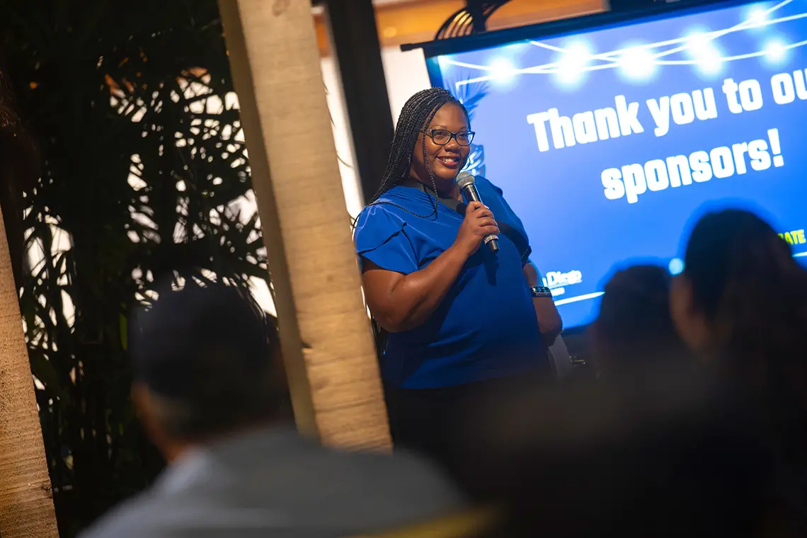 UC San Diego Campus Chief Human Resources Officer Terri Winbush thanks the guests. 