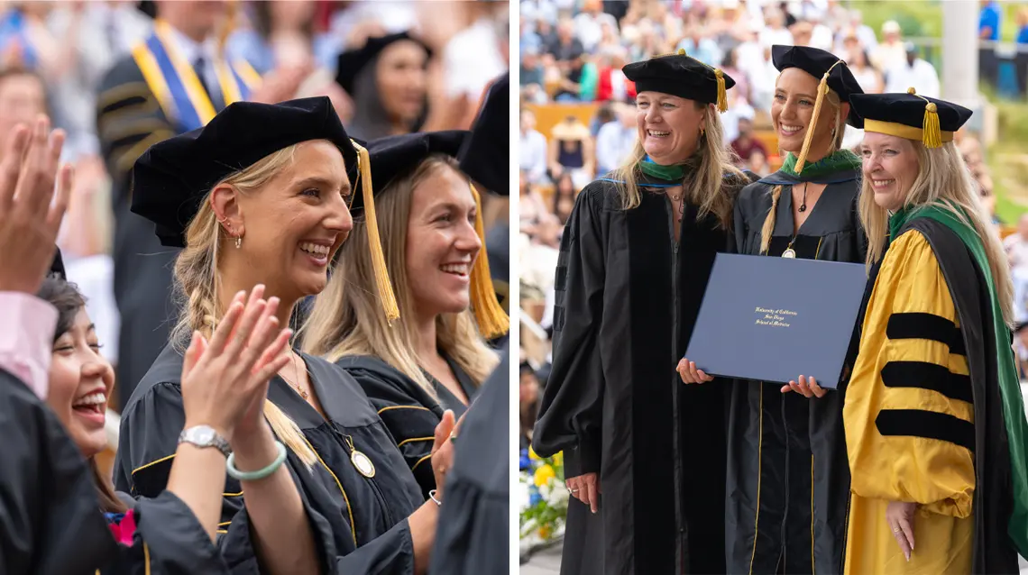 collage of two photos, left photo close-up of Madeliene Wagner smiling with classmates, right is photos of Barbara Jung, Madeleine Wagner and Michelle Danielle all smiling at camera wearing graduation regalia