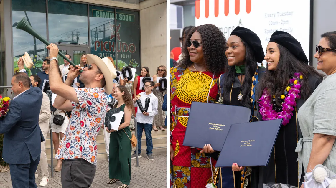 collage of two photos left is man blowing an airhorn to celebrate his graduate, right photos is two female graduates flanked by family members smiling towards a camera to the left of this photo