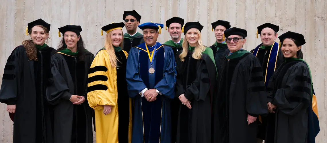 UC San Diego faculty members with Chancellor Predeep Khosla preparing to welcome the Class of 2024 to the Commencement ceremony. 