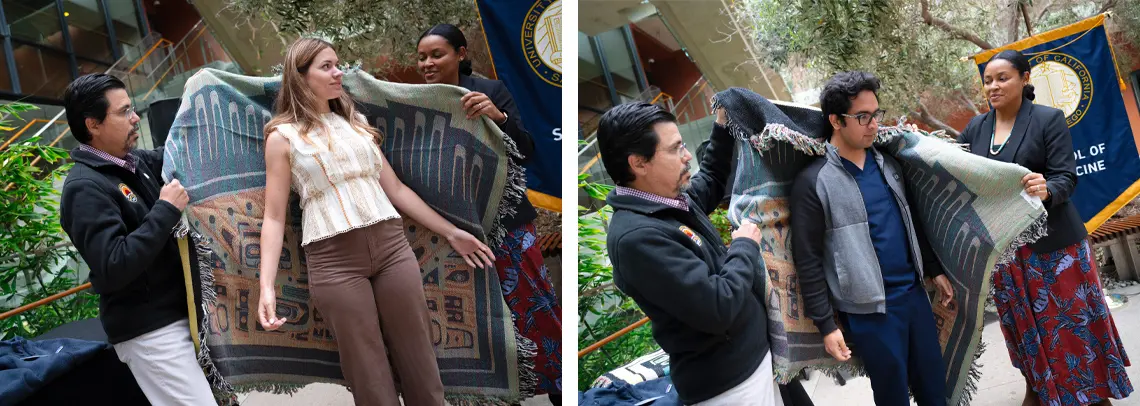 two-photo collage of PRIME-TIDE students Gwendalynn Stilson and Cameron Salehi being wrapped in Native American blankets by a male and female faculty member