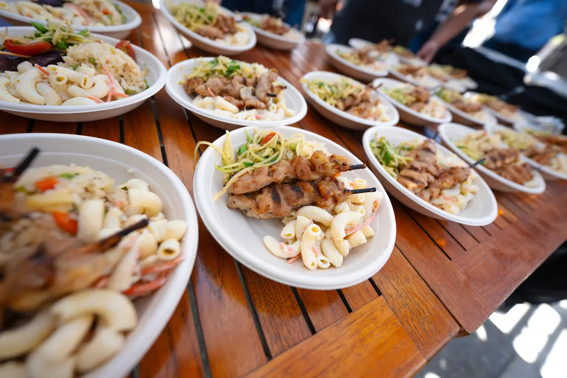 Plates of the Hawaiian barbecue lunch.