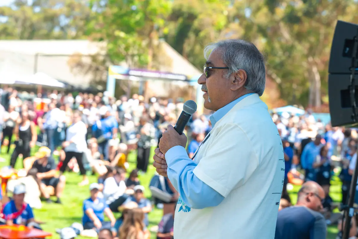 Chancellor Pradeep K. Khosla speaks on stage