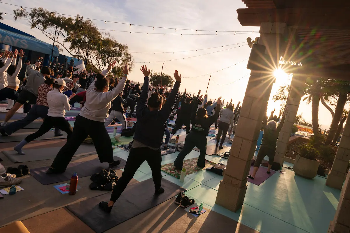 Students in Warrior 1 yoga pose with sunset