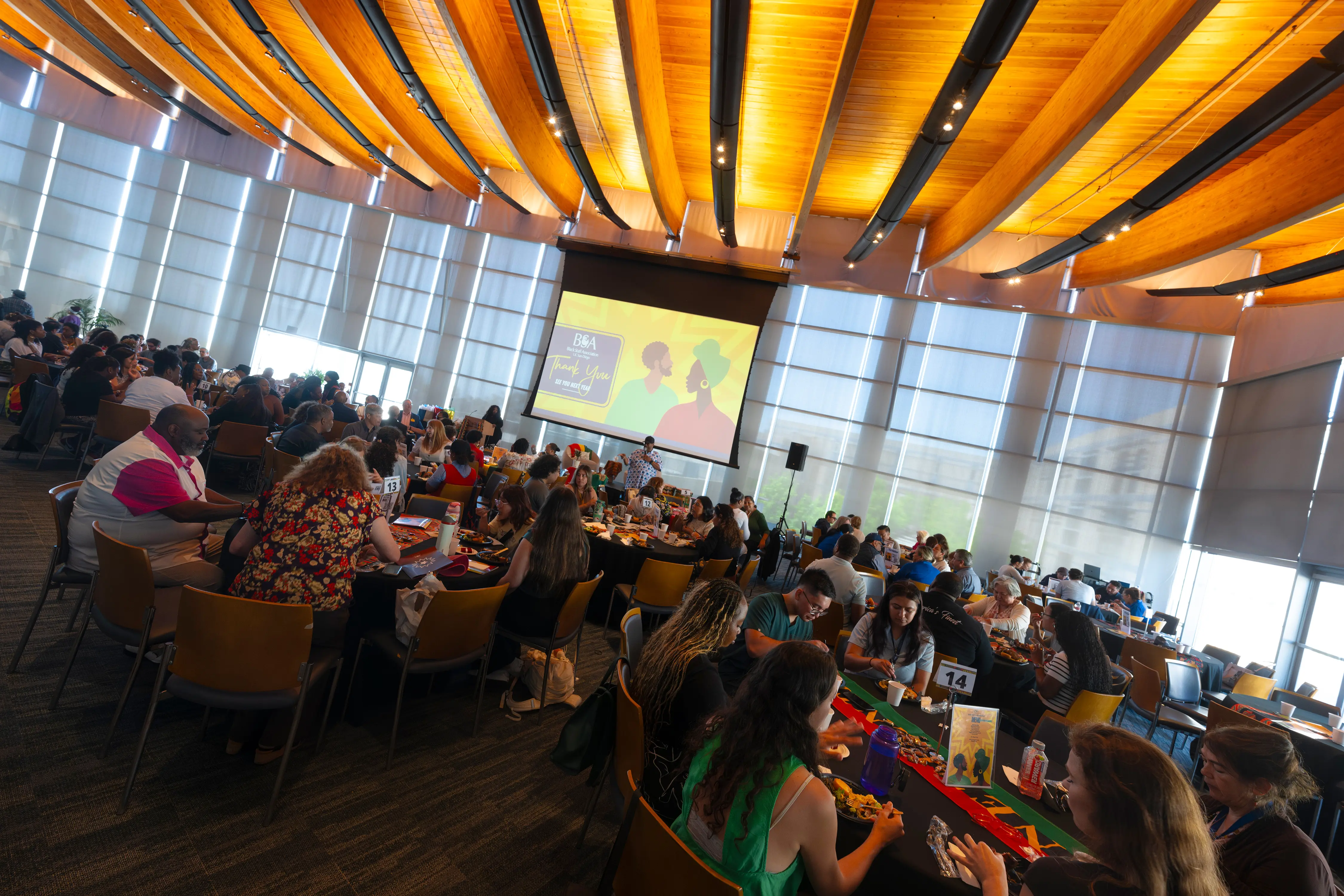 wide angle view of people sitting at tables in an event space