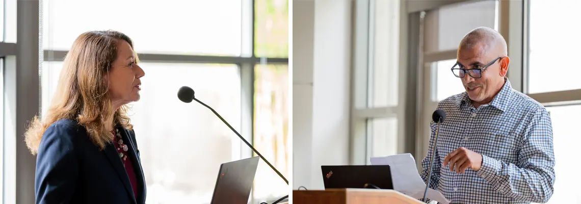 An image of Dean Della Coletta speaking and an image of History Chair Luis Alvarez speaking
