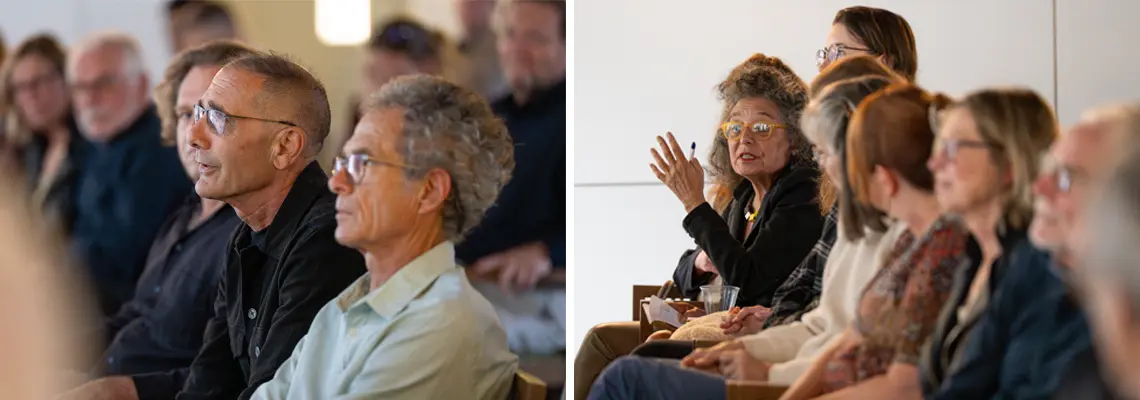 Two images of audience members while Professor Biess lectures