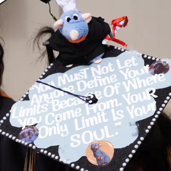 Photo of a graduation cap that read: