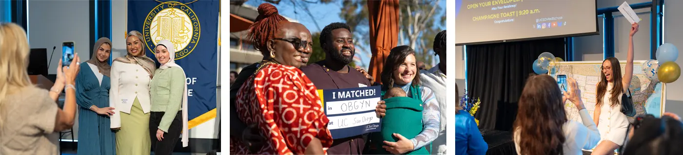 collage of three photos, left group of three women smiling with medical student, center family photo smiling with match sign, right female arms raised triumphantly with match envelope in hand