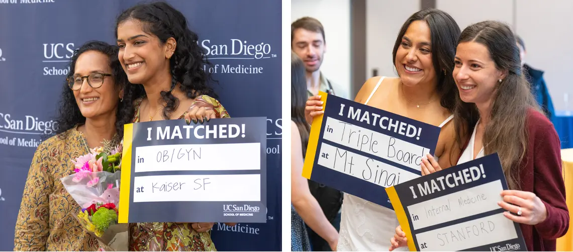 collage of two photos. left photo medical students and her mother smiling at camera holding match day sign. right photo two female medical students smiling looking away from camera while holding match day signs