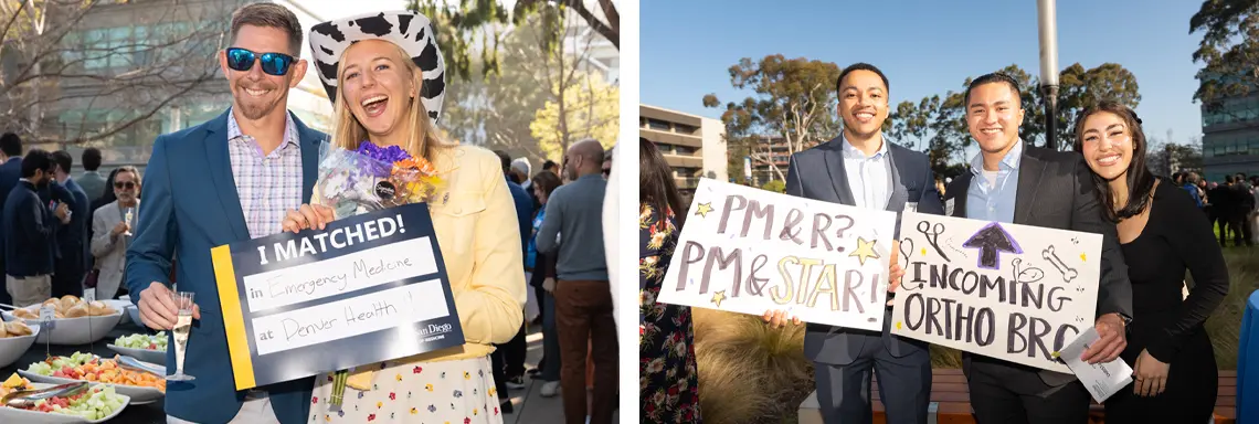 left photo male and female couple with her match day sign. right photo two men and one woman holding celebratory photos