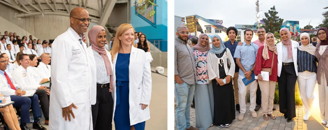 female student posing between two faculty members at the white coat ceremony and right: Medical student, Sausan Buran is flanked by several family members at the White Coat Ceremony