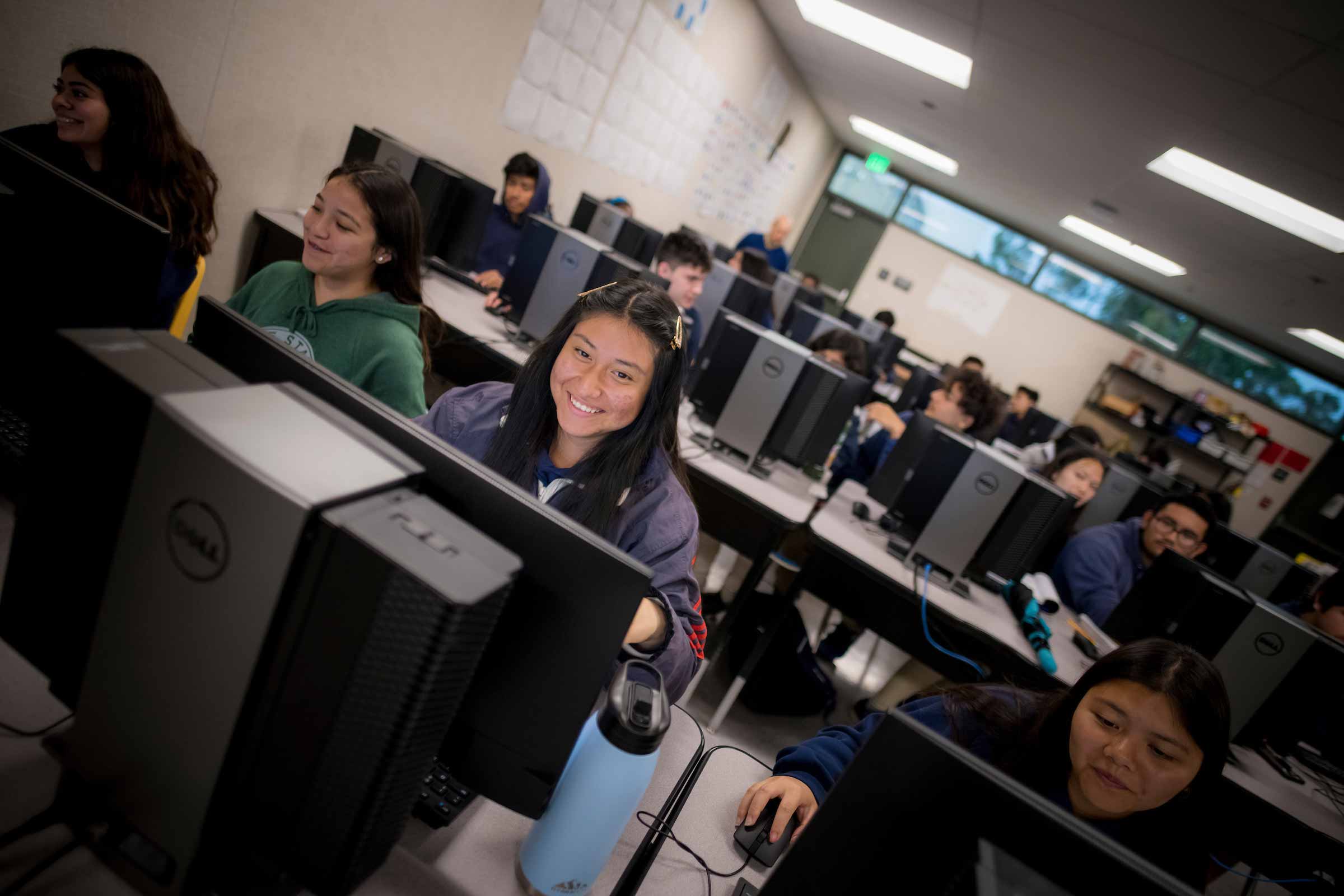 students working at computers at The Preuss School.