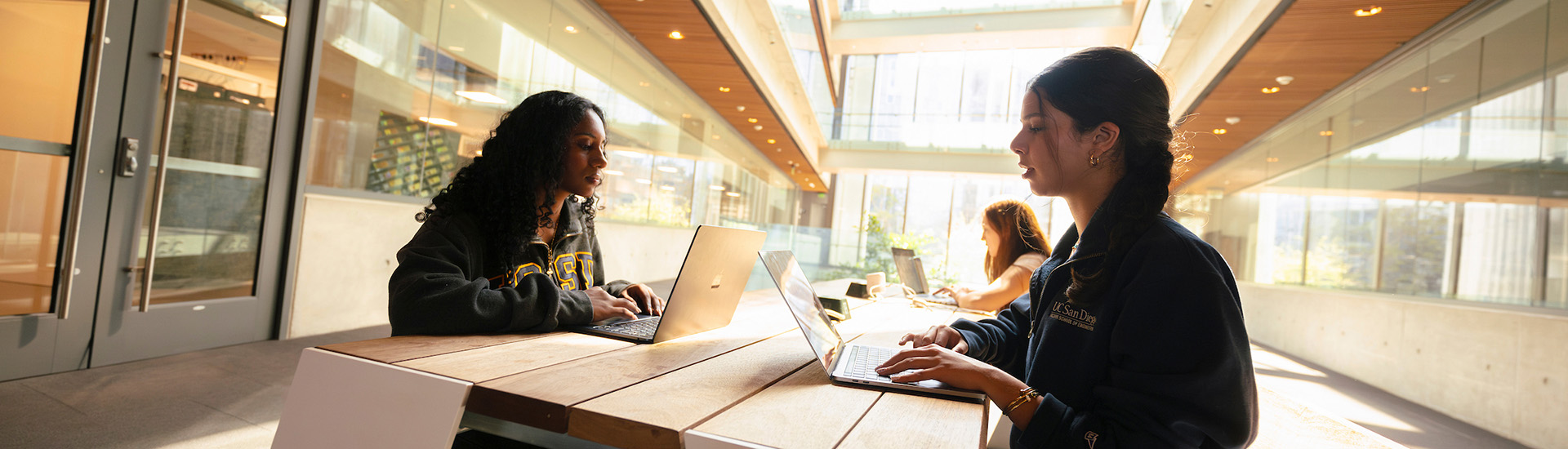 Two students at table working on computers
