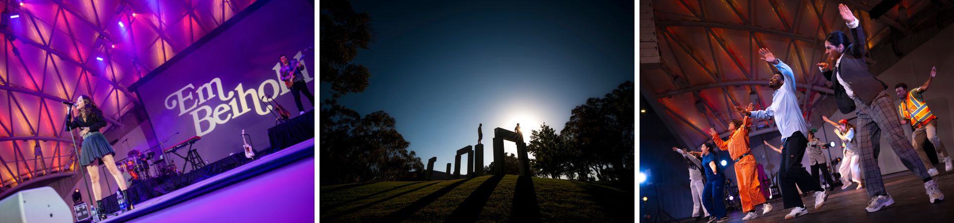 Three image collage showing a performer on stage, the La Jolla Project, and dancers on stage