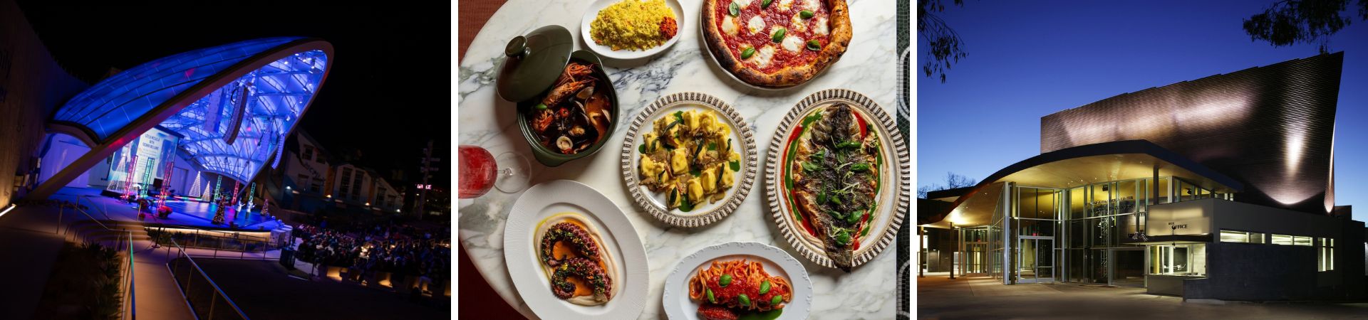 Three-image collage showing Epstein Family Amphitheater, dishes of Italian food on a table, and exterior of La Jolla Playhouse