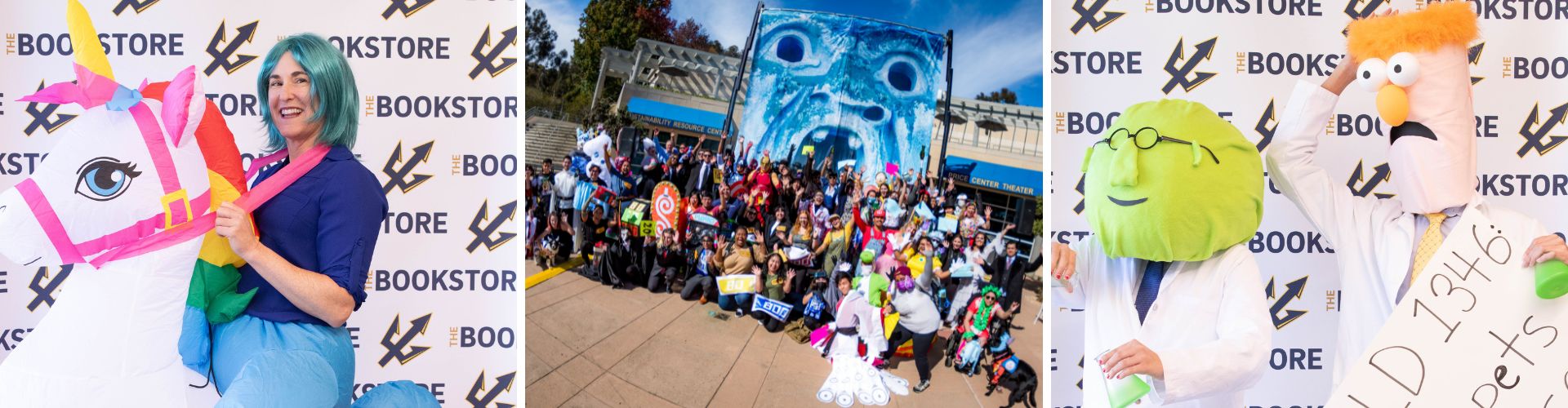 Bookstore Halloween Contest: A person in a blue wig on an inflatable unicorn; a large group in costumes; and two people dressed as scientist muppets in lab coats.