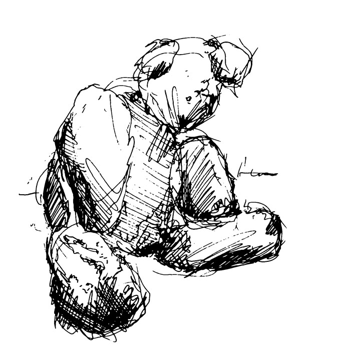 a pen and ink drawing of a large teddy bear
