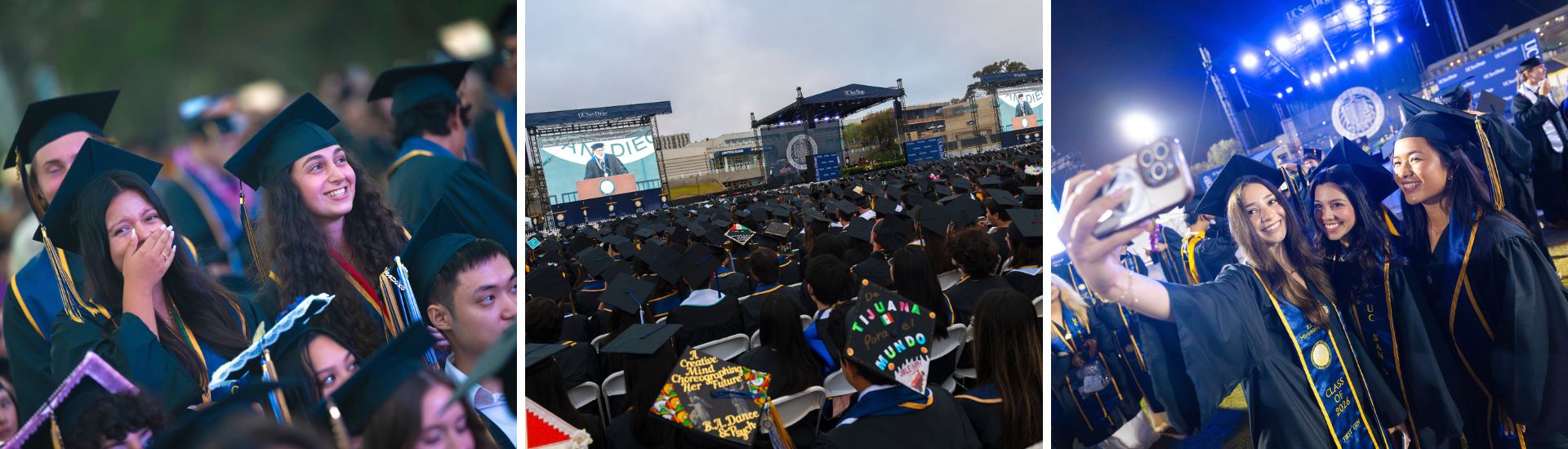 Three images of graduates celebrating and listening to keynote speaker.