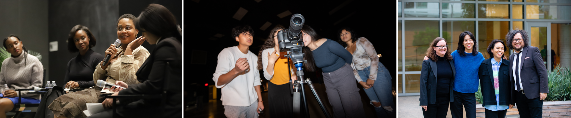 A panel of speakers at the Center for Cinematic Arts, students producing a film and a group of speakers posing at an event