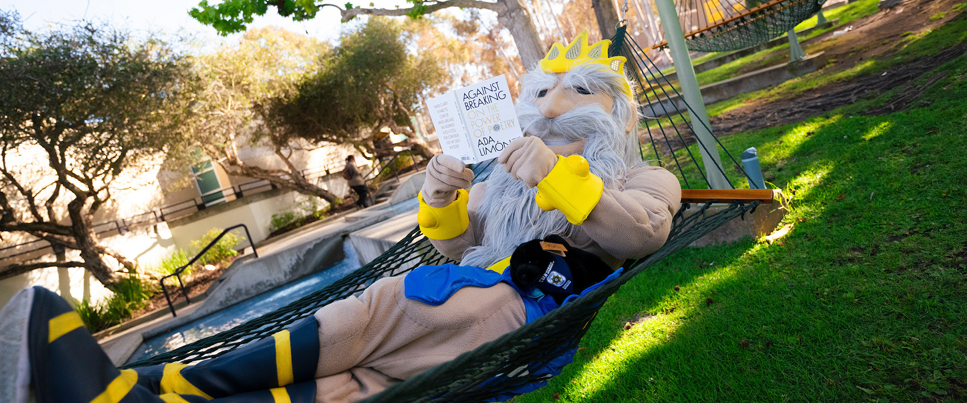 King Triton reading a book in a hammock.