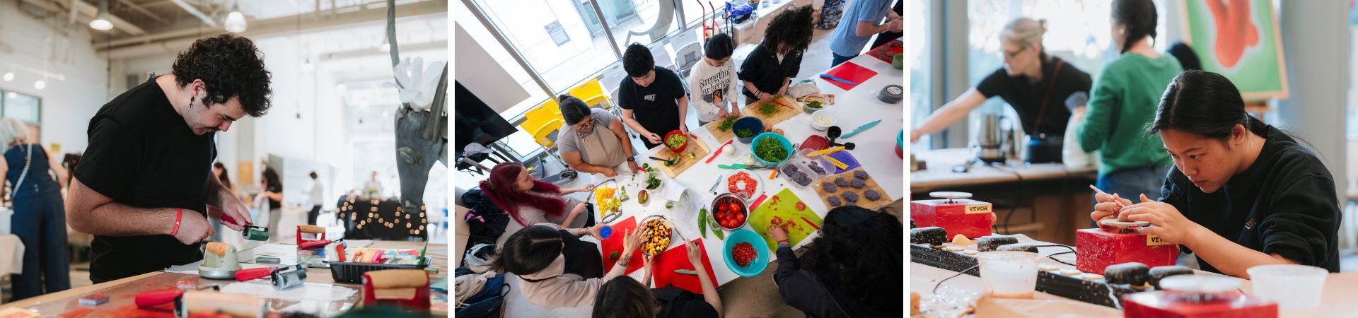Three image collage depicting students doing arts and crafts