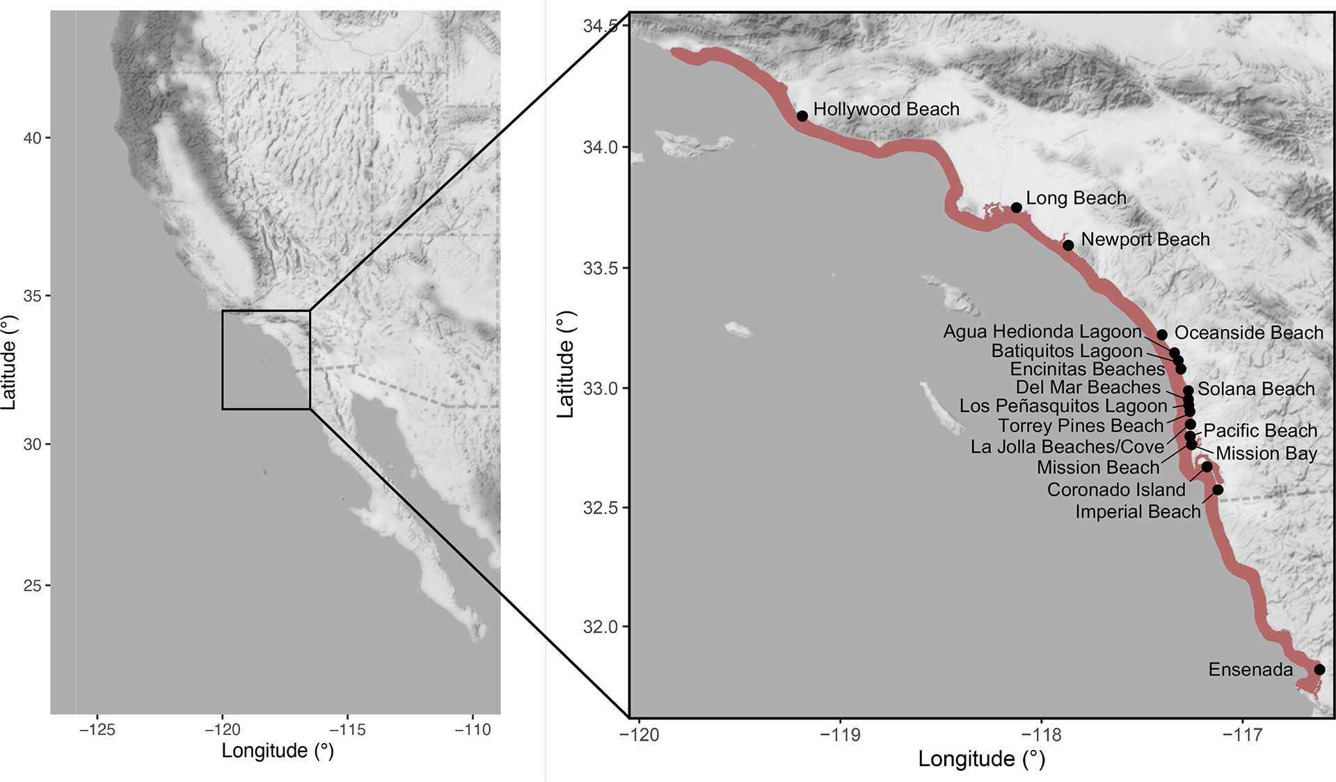 A map showing the 2020 red tide extent (in red shading) along Southern California and northern Baja California, Mexico, with black dots marking reported fish and invertebrate mortality sites.