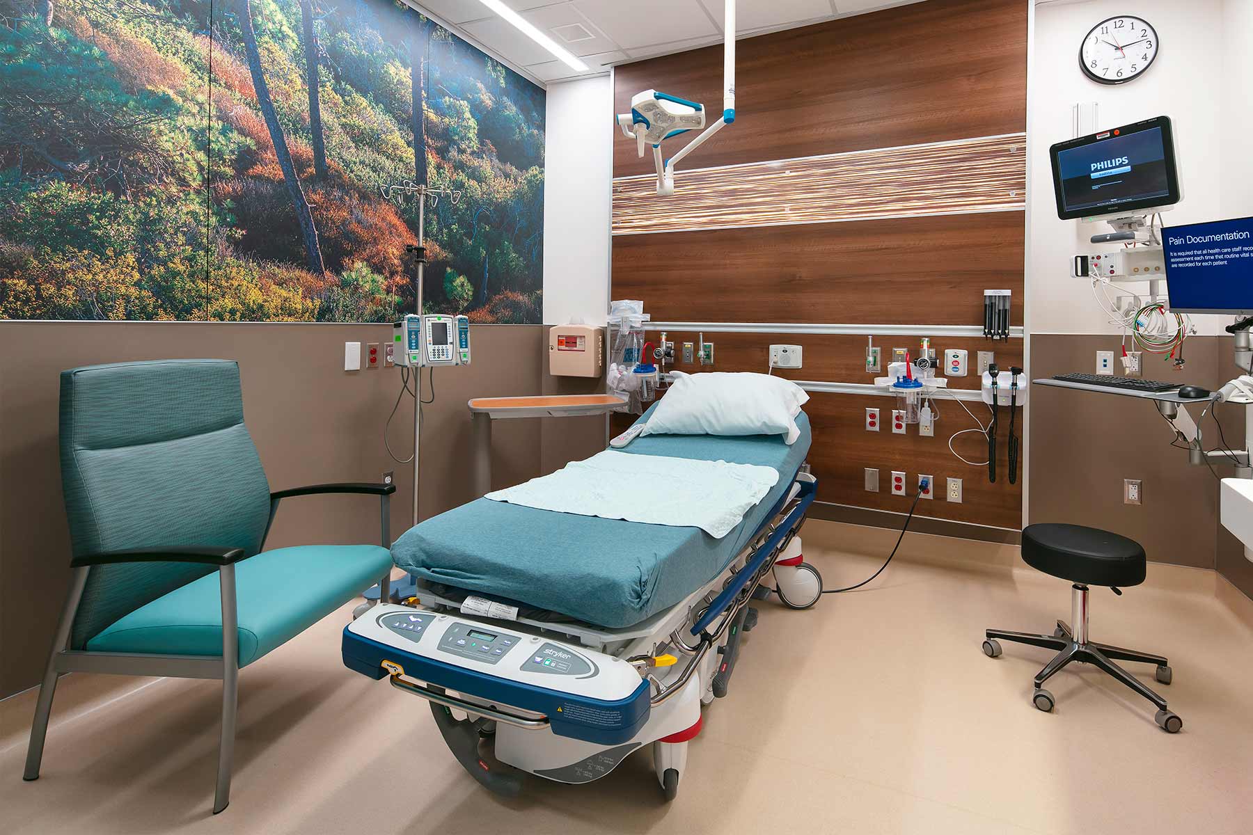 Patient room within the Gary and Mary West Senior Emergency Care Unit at Jacobs Medical Center at UC San Diego Health in La Jolla.