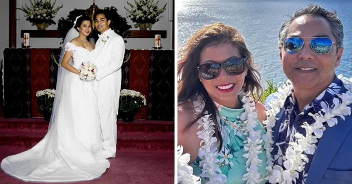 Two image collage of wedding and couple wearing leis