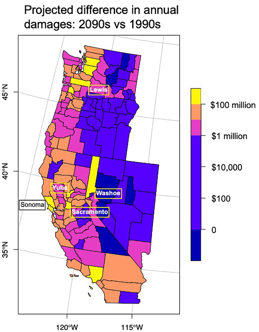 Map showing projected difference in annual damages: 2090s vs 1990s.