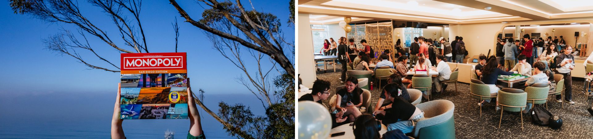 Two image collage showing San Diego Monopoly game box and students playing games at tables