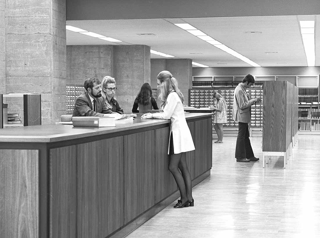 circulation desk and card catalog at the UC San Diego Central University Library in 1970.