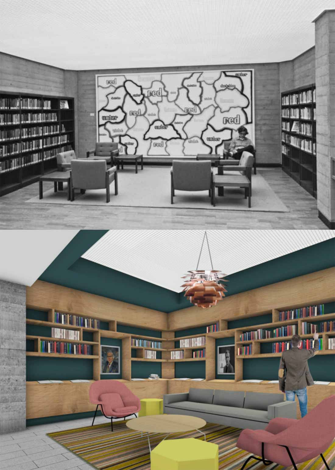 Original photo and future draft rendering of the “meet spot” at Geisel Library