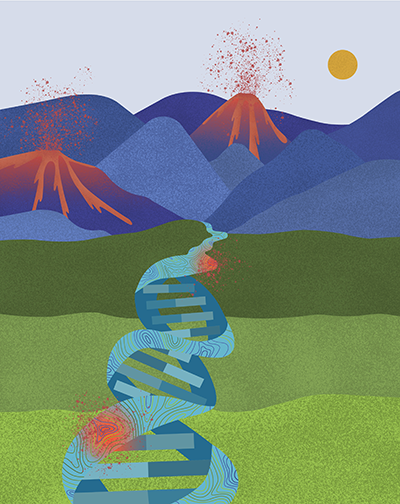Cartoon of a landscape with blue mountains and volcanoes in the background, with a light blue DNA double helix running like a river through a green foreground.
