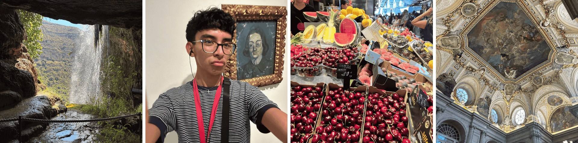A collage of four photos: a waterfall, a student posing next to a painting, food from an outdoor market, and the painted ceiling of a museum
