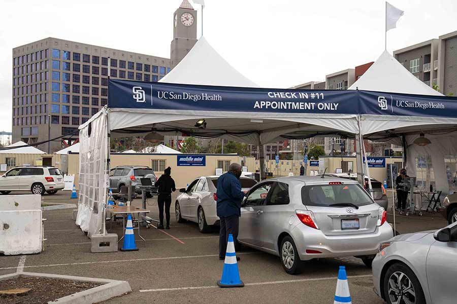 Cars at vaccination super station at Petco Park.