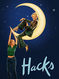 Hacks movie poster with woman siting on moon and another woman holding on to it