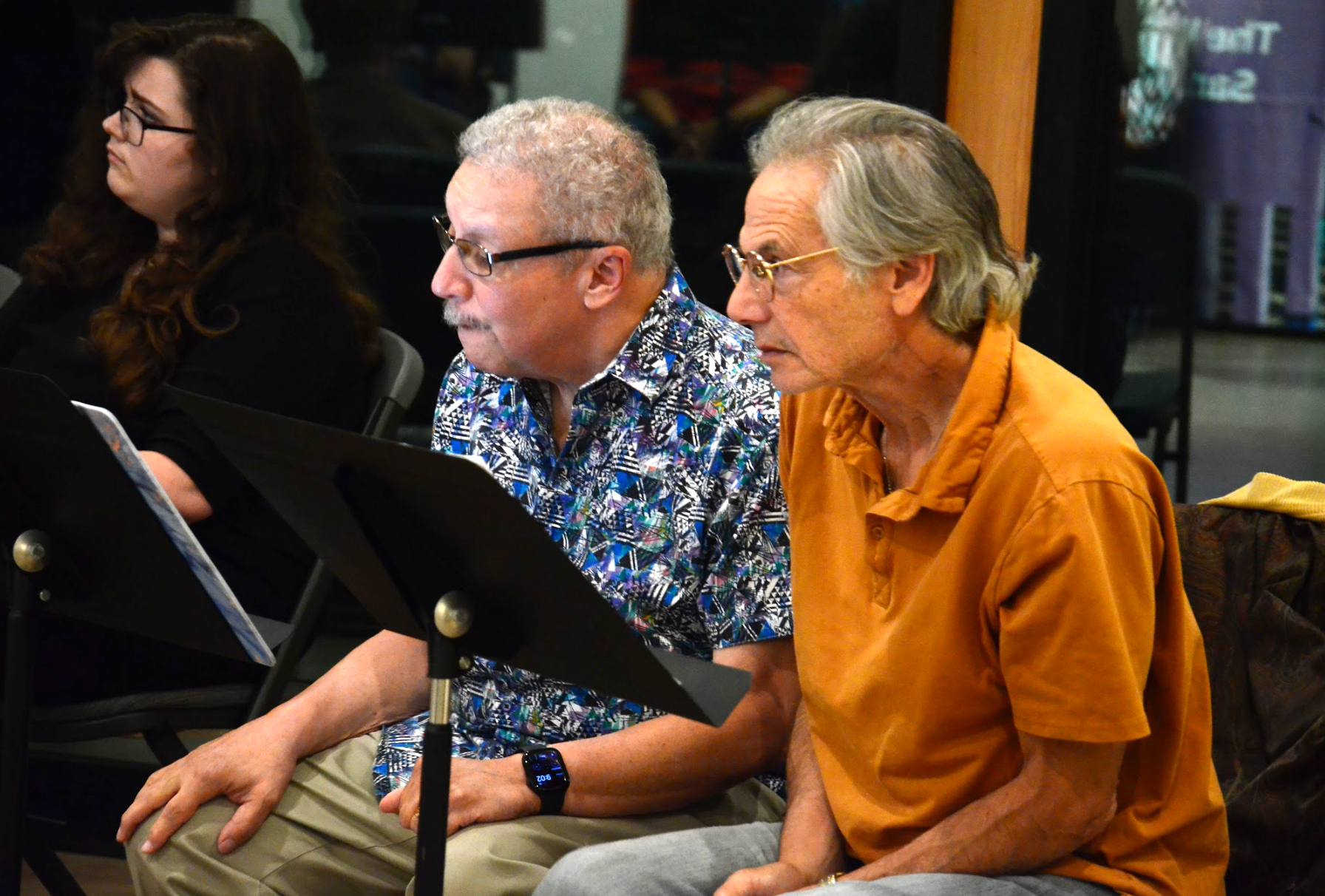 Professor Anthony Davis sits with Professor Allan Havis during a rehearsal