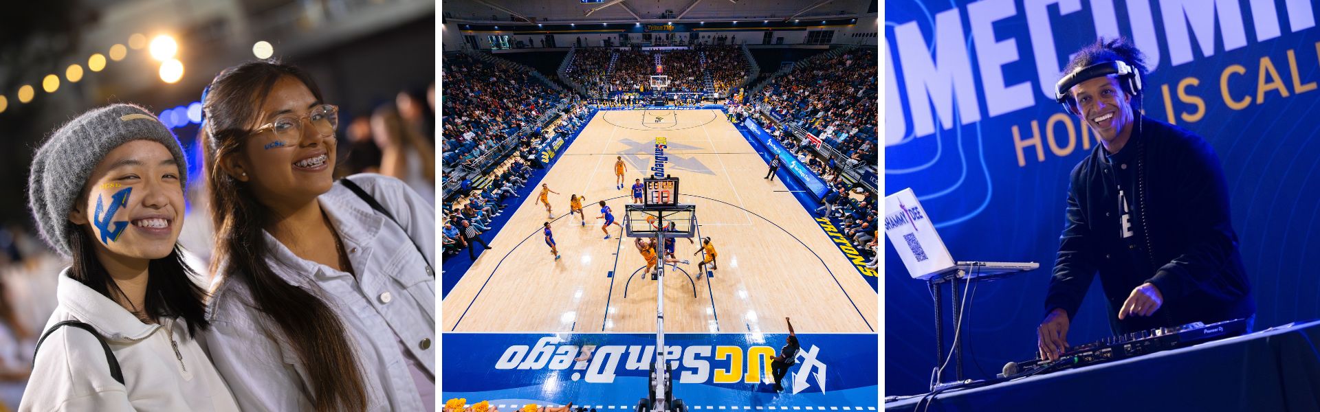 Three image collage depicting two students, a basketball game, and a DJ.