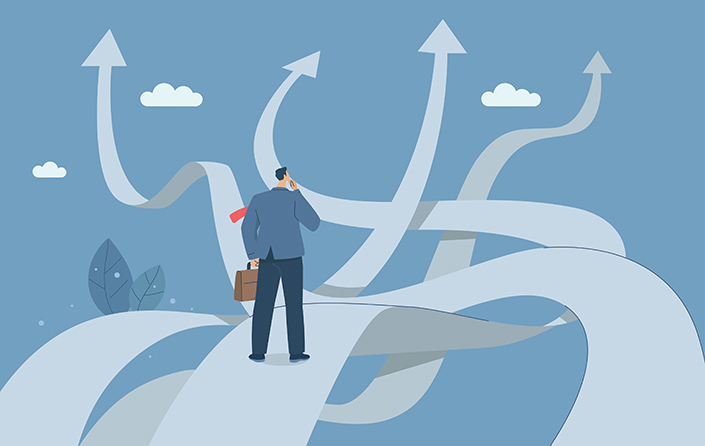 Graphic of a person choosing which path to take.