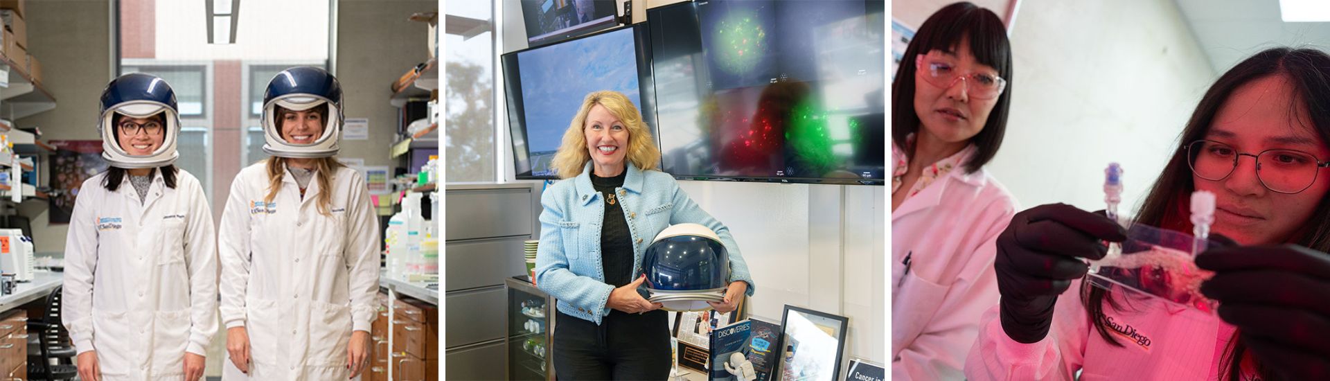 Three-image collage of researchers in lab, two wearing space helmets, one holding one, and two examining vials.