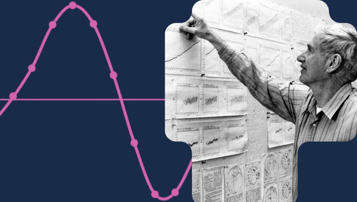 Keeling Curve graph in pink against blue background, with image of Charles David Keeling pointing at documents on wall