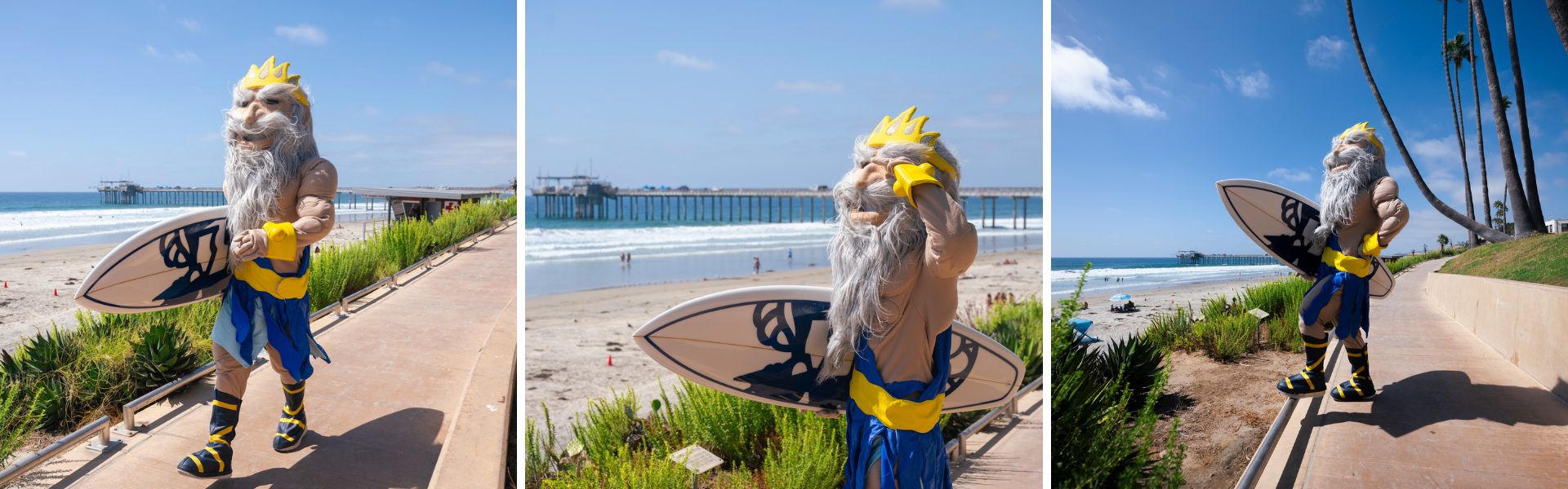 Three image collage of King Triton with a surfboard.