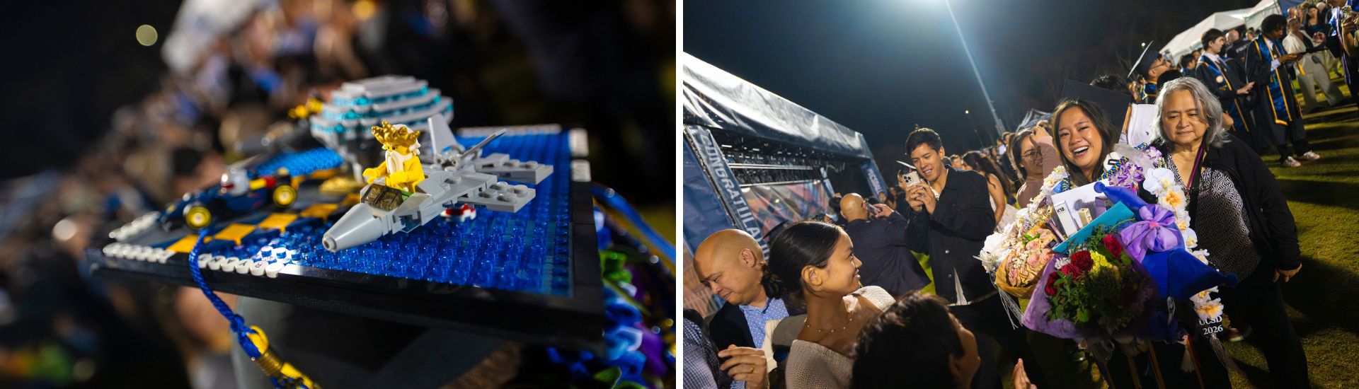 Two image collage depicting graduate's cap decorated with Lego fighter jet, King Triton and Geisel Library, and a student holding bouquets of flowers, surrounded by family members.