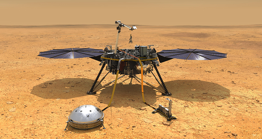 illustration shows NASA's InSight spacecraft with its instruments deployed on the Martian surface.