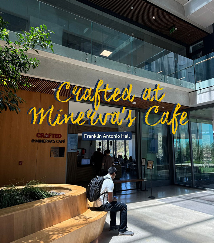 Crafted at Minerva's Cafe entrance, student with backpack sits on bench. Text reads 