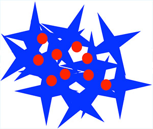 Image: Tumors secrete enzymes the slice open peptide coatings (blue) that help to safely deliver an anti-cancer drug (red).