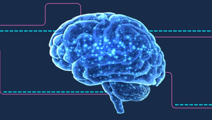 Graphic image of brain against blue background with teal and magenta lines